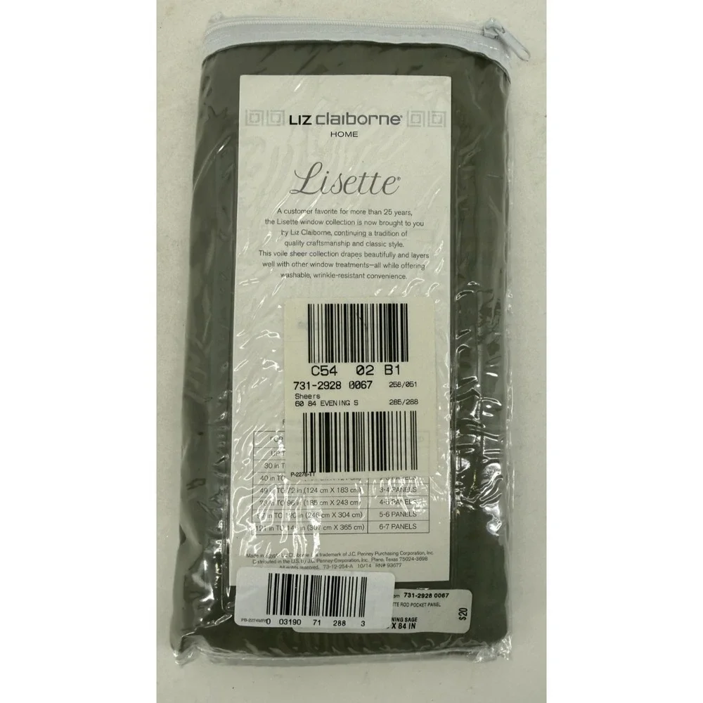 Liz Claiborne Lisette Sheer Curtain‎ Panel Sage Green 60x84 Rod Pocket NIP